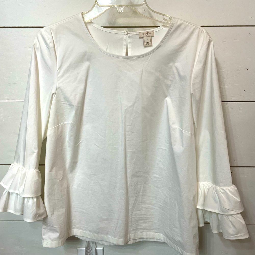 J. Crew white cotton ruffle sleeve shirt size 8. Like new.